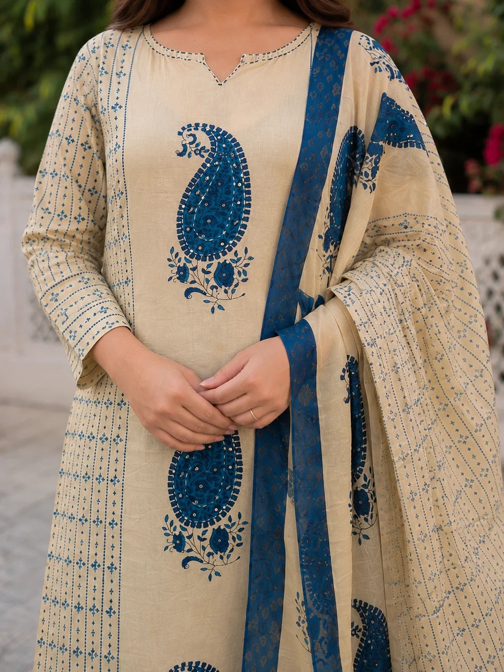 Beige Blue Paisley Printed Kurta Palazzo Set
