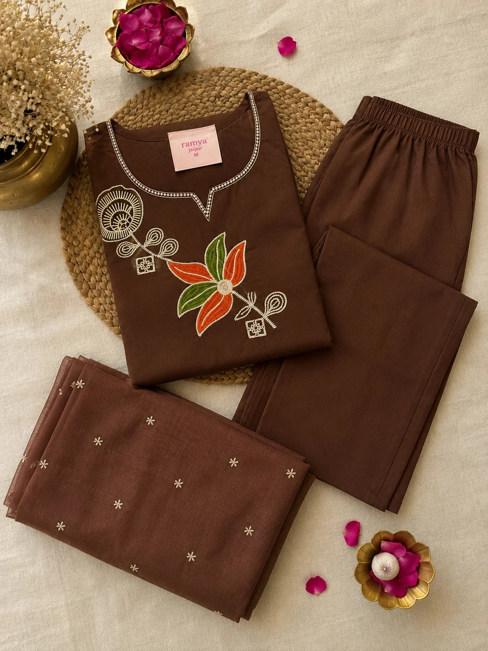 Brown Embroidered Cotton Suit Set