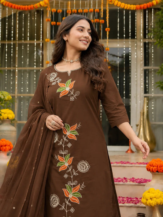 Brown Embroidered Cotton Suit Set
