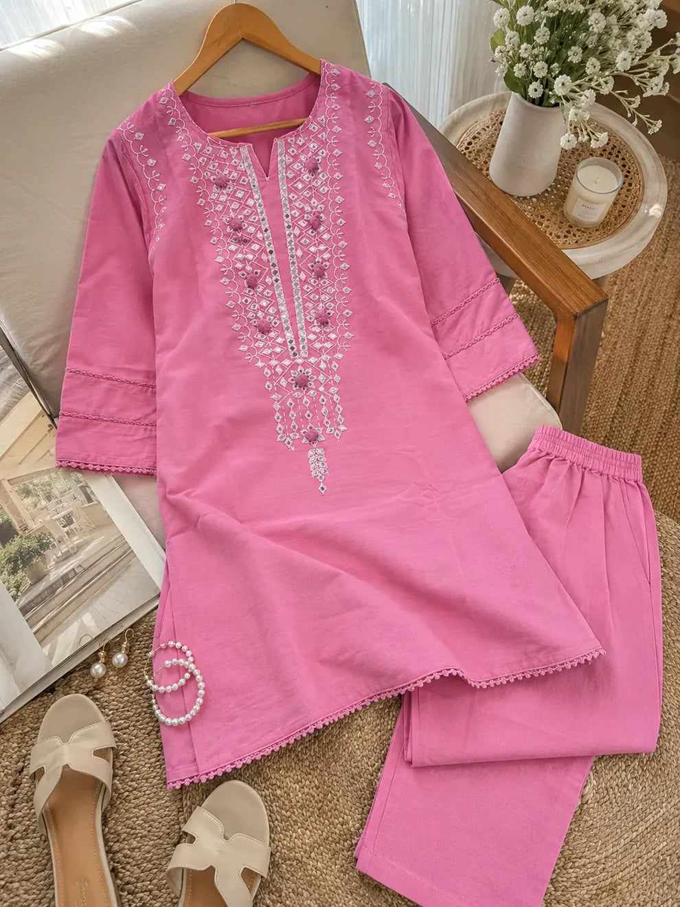 Light Pink Cotton Embroidered Co-ord Set