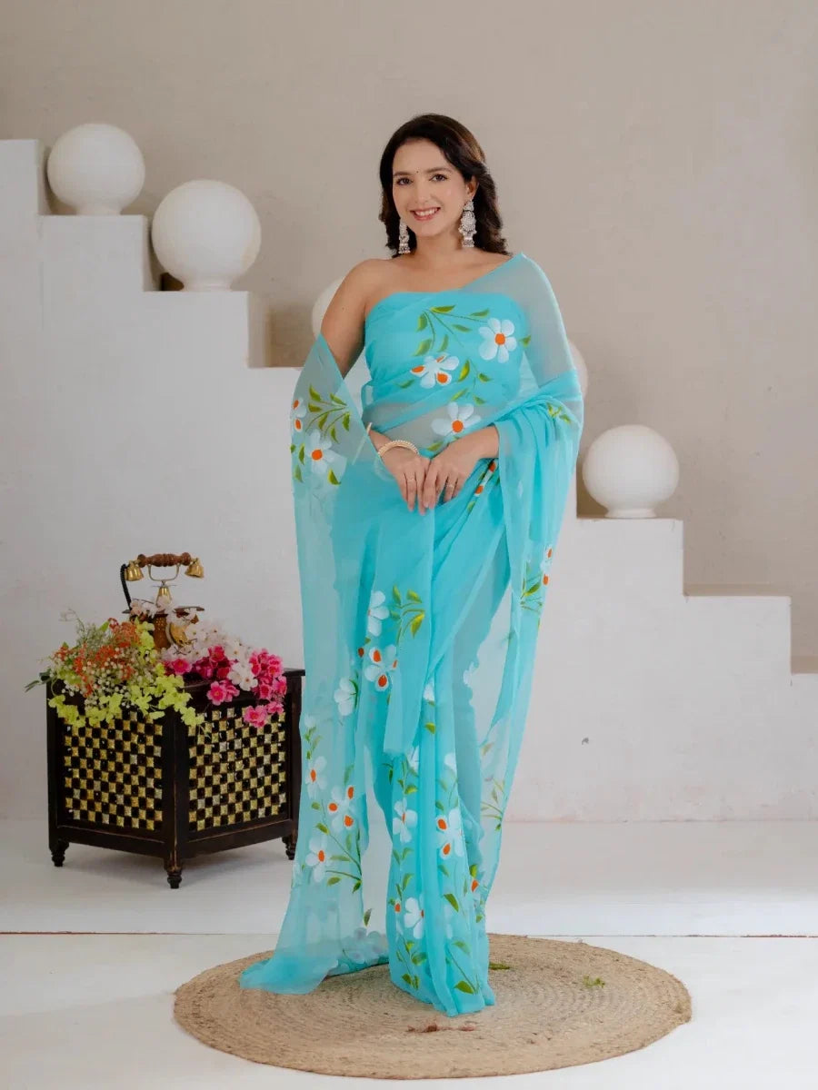 Sky Blue Hand Painted Georgette Saree with White Hibiscus Floral Print