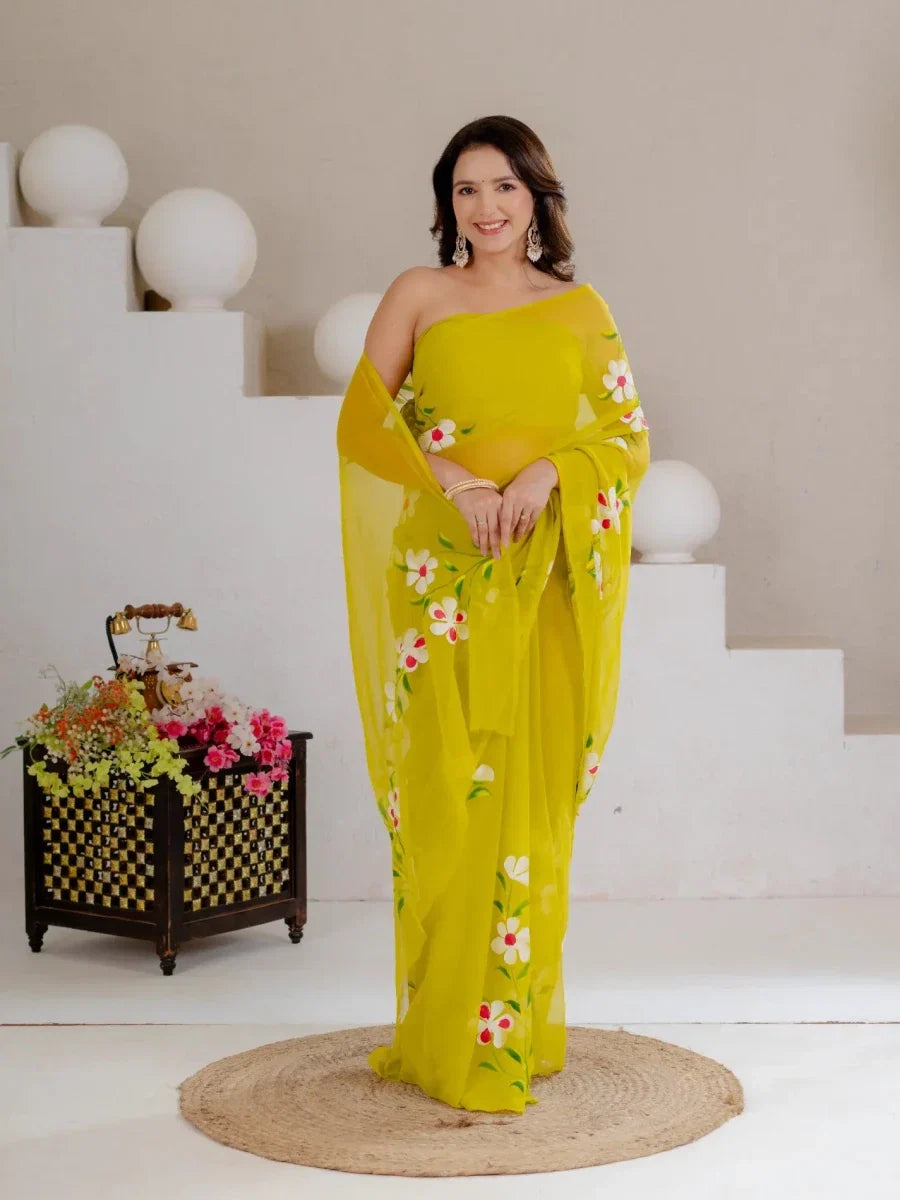 Lime Green Hand Painted Georgette Saree with White Hibiscus Floral Print