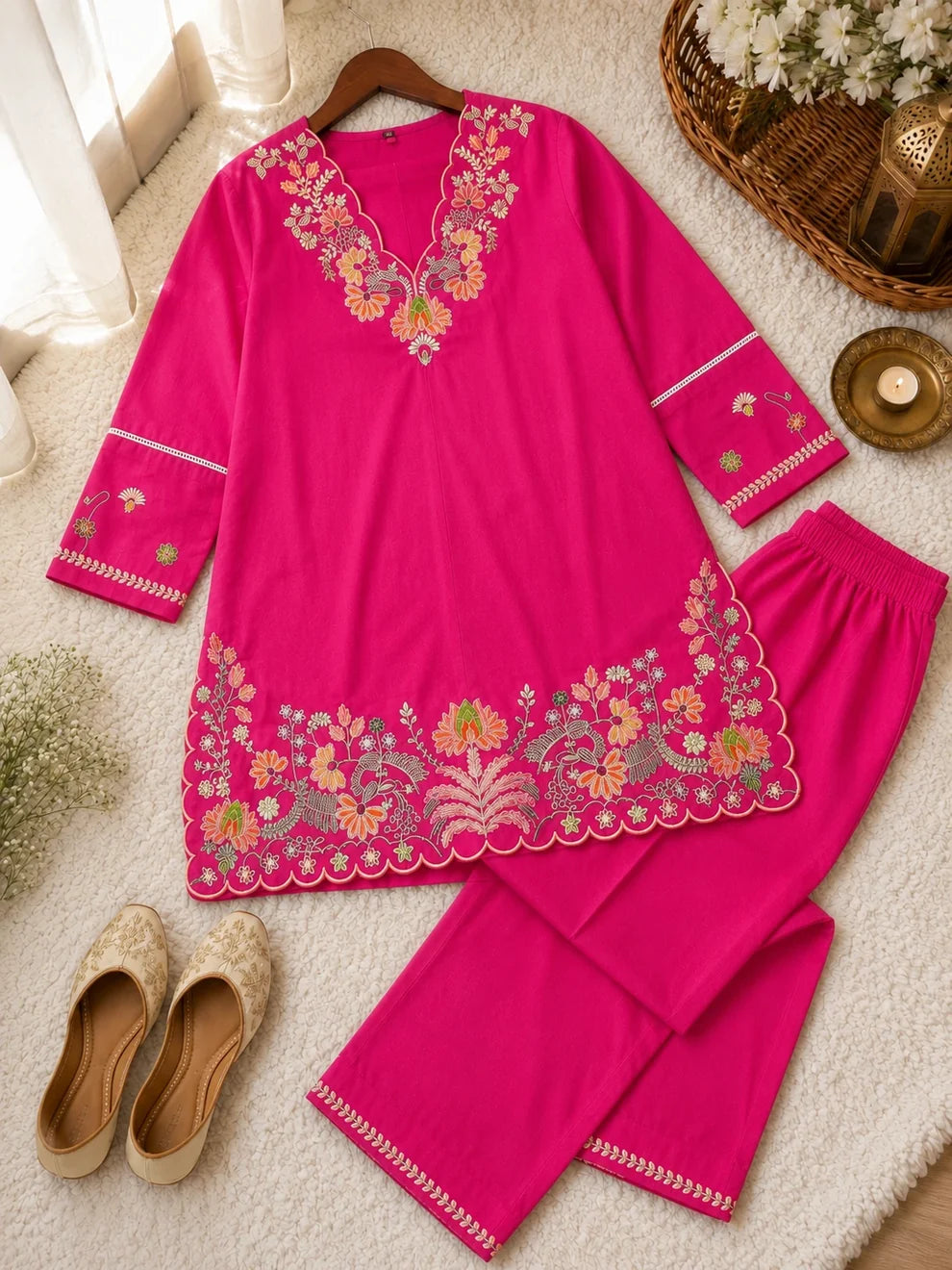 Fuchsia Pink Embroidered Cotton Co-ord Set