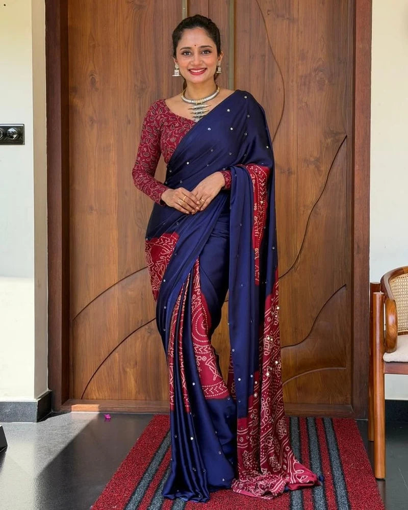 Women’s Royal Navy Blue Pure Modal Silk Saree with Wine Red Folk Art Print & Heritage Designer Pallu