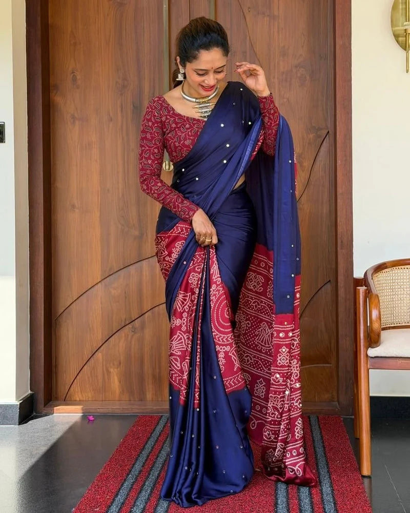 Women’s Royal Navy Blue Pure Modal Silk Saree with Wine Red Folk Art Print & Heritage Designer Pallu