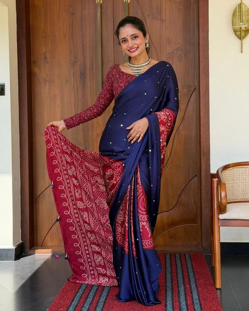 Women’s Royal Navy Blue Pure Modal Silk Saree with Wine Red Folk Art Print & Heritage Designer Pallu
