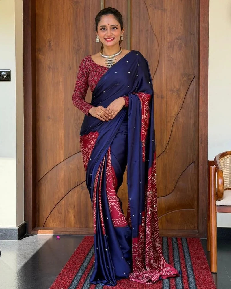 Women’s Royal Navy Blue Pure Modal Silk Saree with Wine Red Folk Art Print & Heritage Designer Pallu