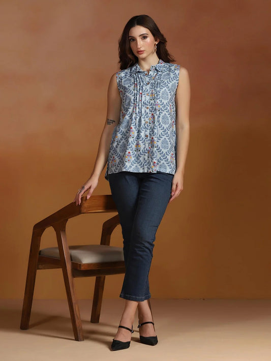 Women Liva Blue Printed Tunic Co-Ord Set