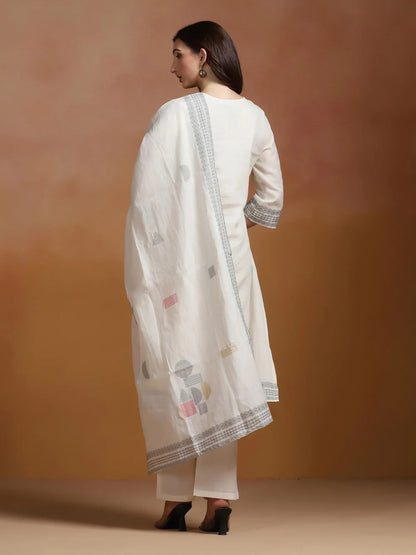 Women Off White Cotton Jacquard Kurta Comfort Pant Dupatta