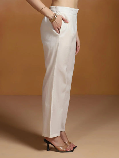 Women Off White Cotton Jacquard Kurta Comfort Pant Dupatta