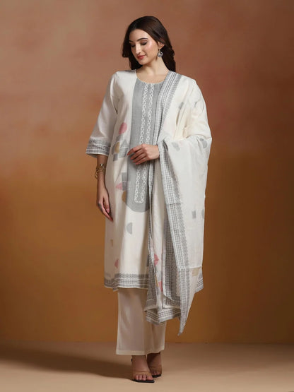 Women Off White Cotton Jacquard Kurta Comfort Pant Dupatta
