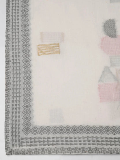 Women Off White Cotton Jacquard Kurta Comfort Pant Dupatta