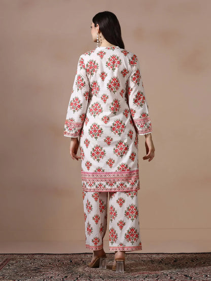 Women Cotton Off White and Peach Printed Co Ord Set