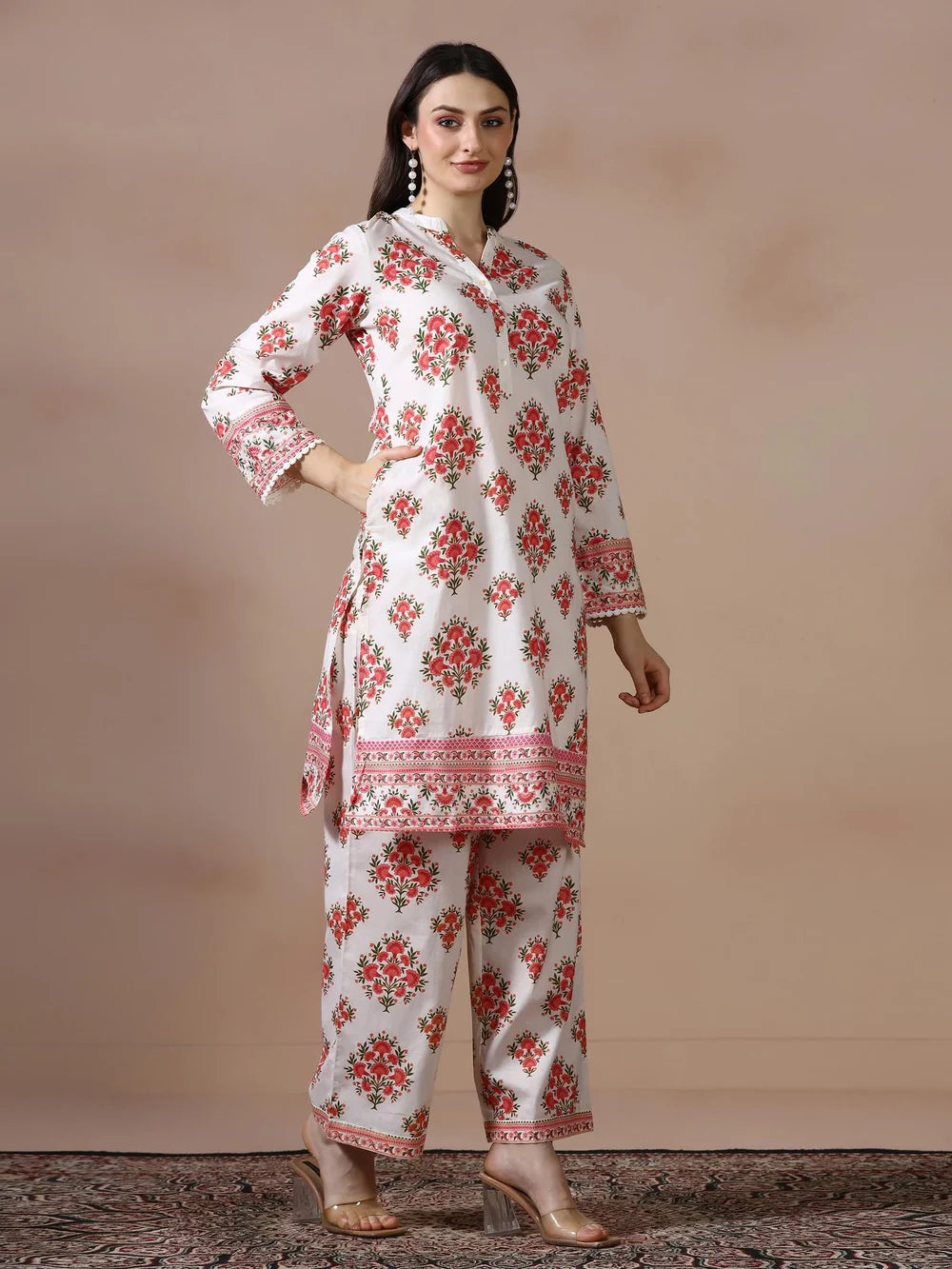 Women Cotton Off White and Peach Printed Co Ord Set