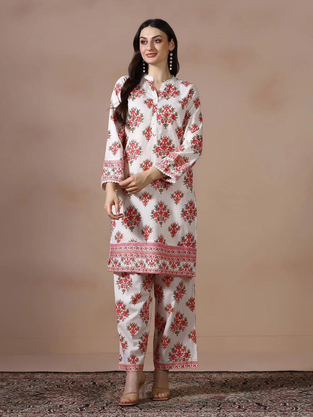 Women Cotton Off White and Peach Printed Co Ord Set