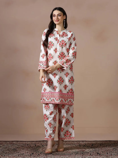 Women Cotton Off White and Peach Printed Co Ord Set