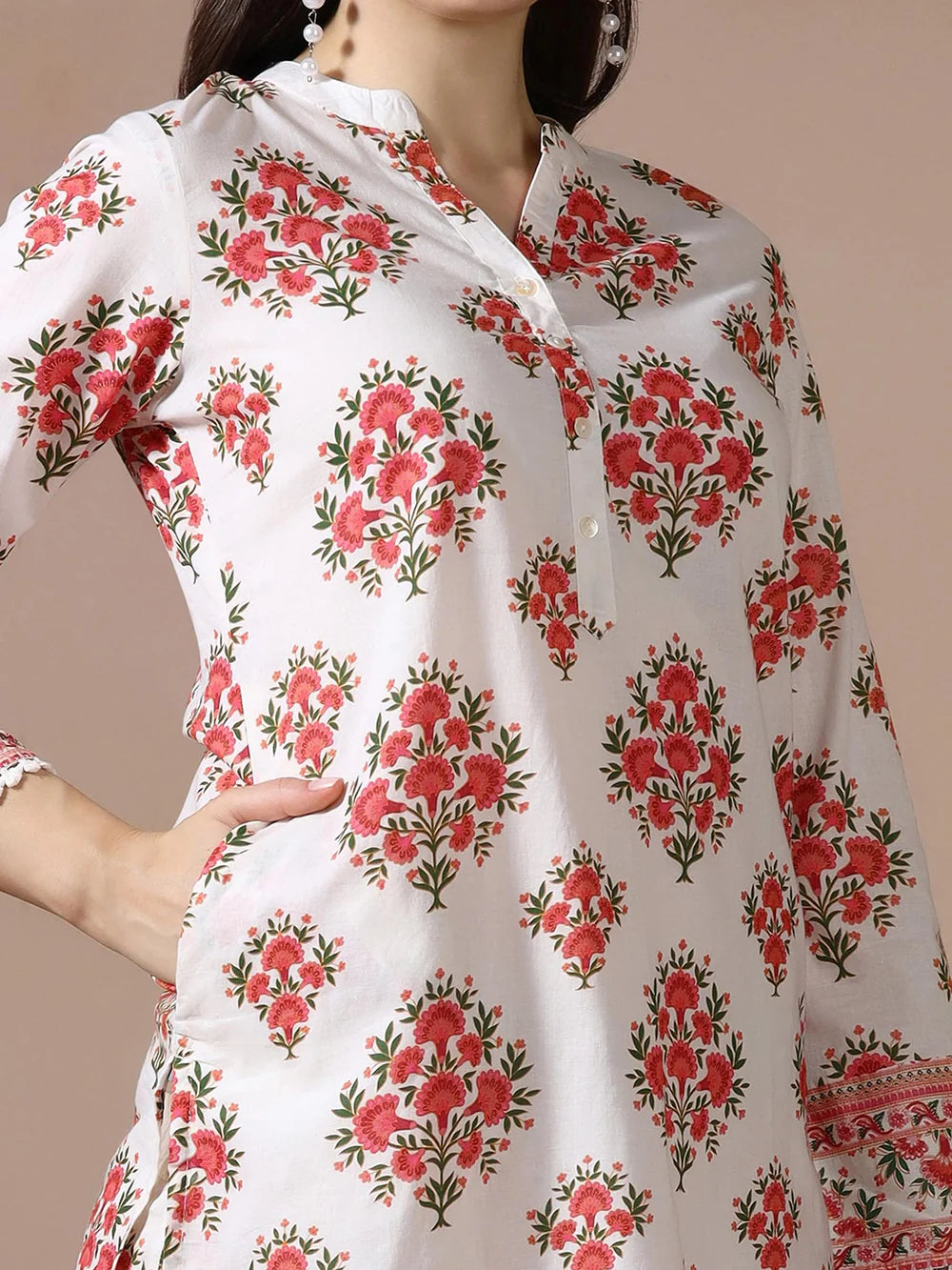 Women Cotton Off White and Peach Printed Co Ord Set