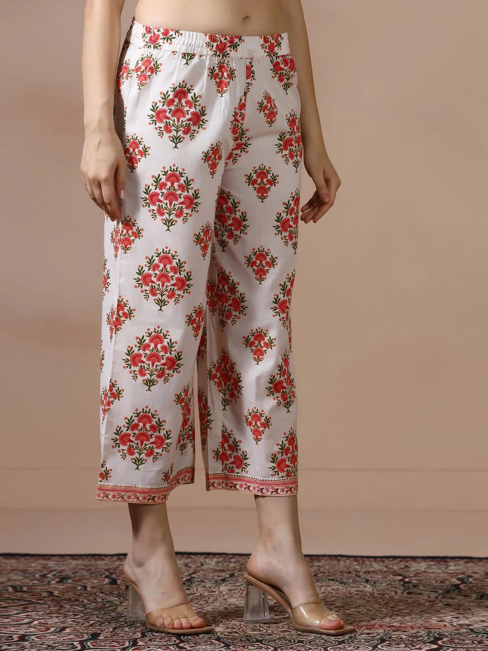 Women Cotton Off White and Peach Printed Co Ord Set