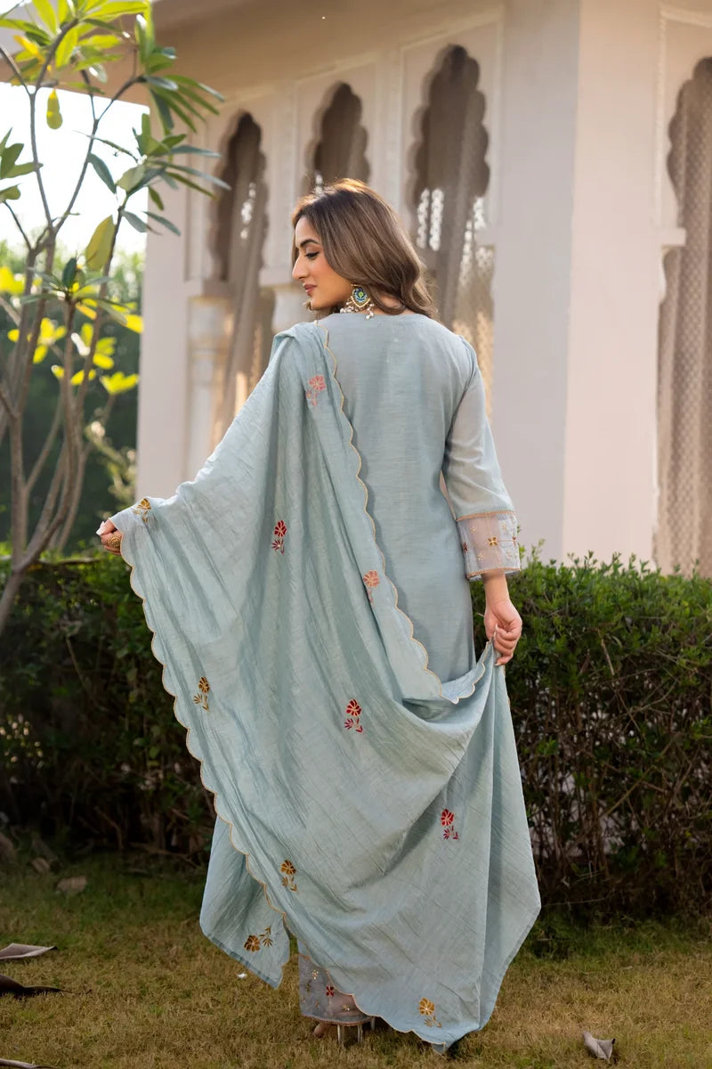 Sky Mist Chanderi Ensemble Suit Set
