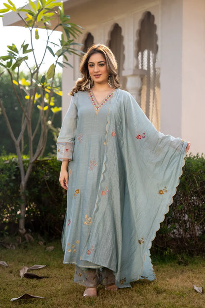 Sky Mist Chanderi Ensemble Suit Set