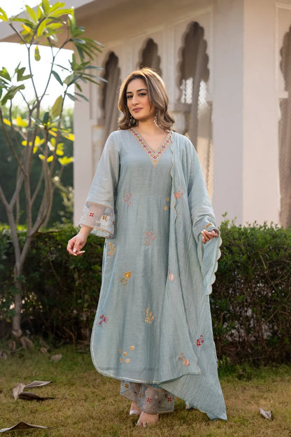 Sky Mist Chanderi Ensemble Suit Set