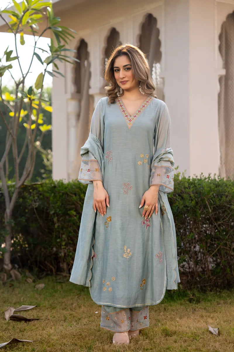 Sky Mist Chanderi Ensemble Suit Set