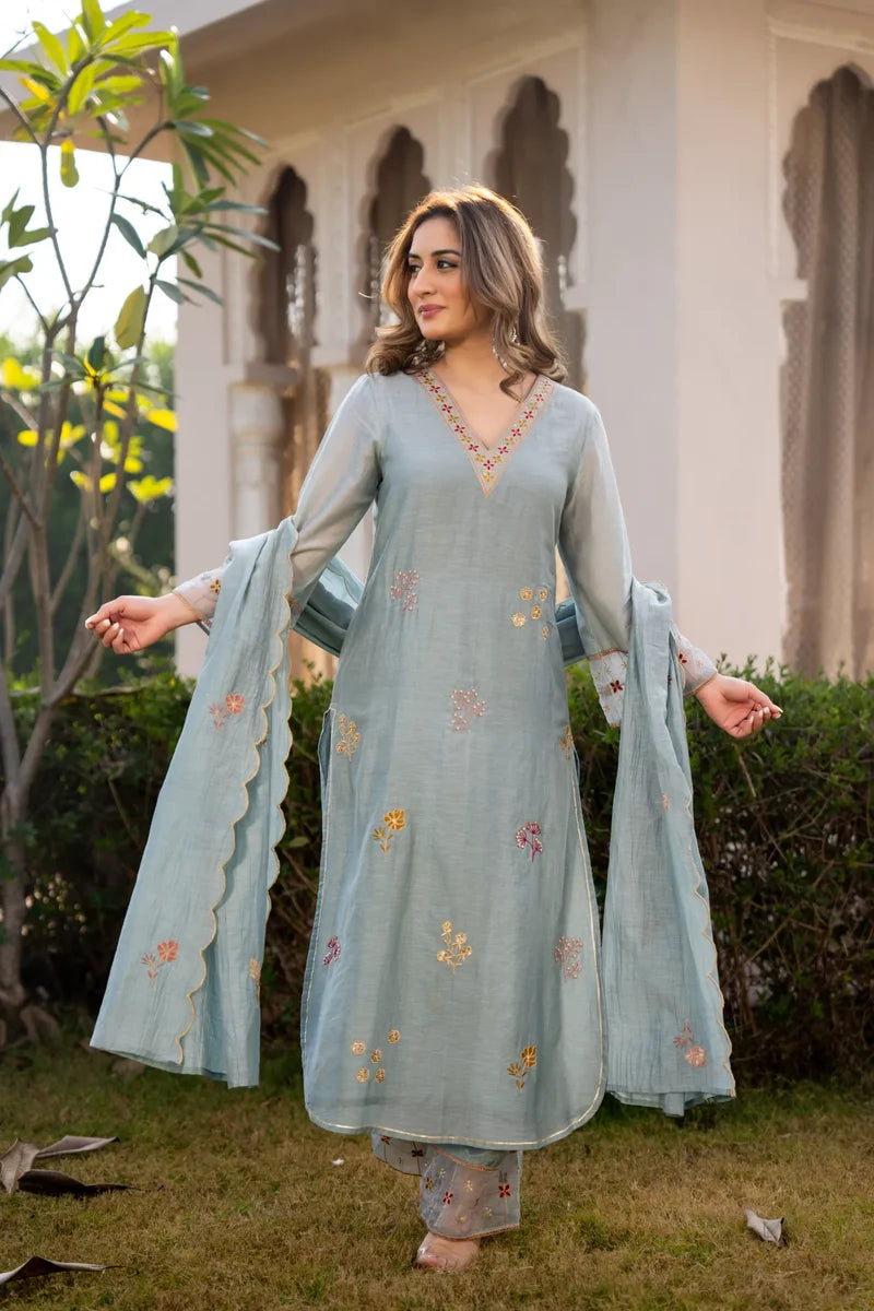 Sky Mist Chanderi Ensemble Suit Set