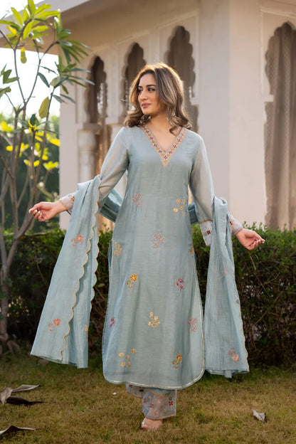 Sky Mist Chanderi Ensemble Suit Set