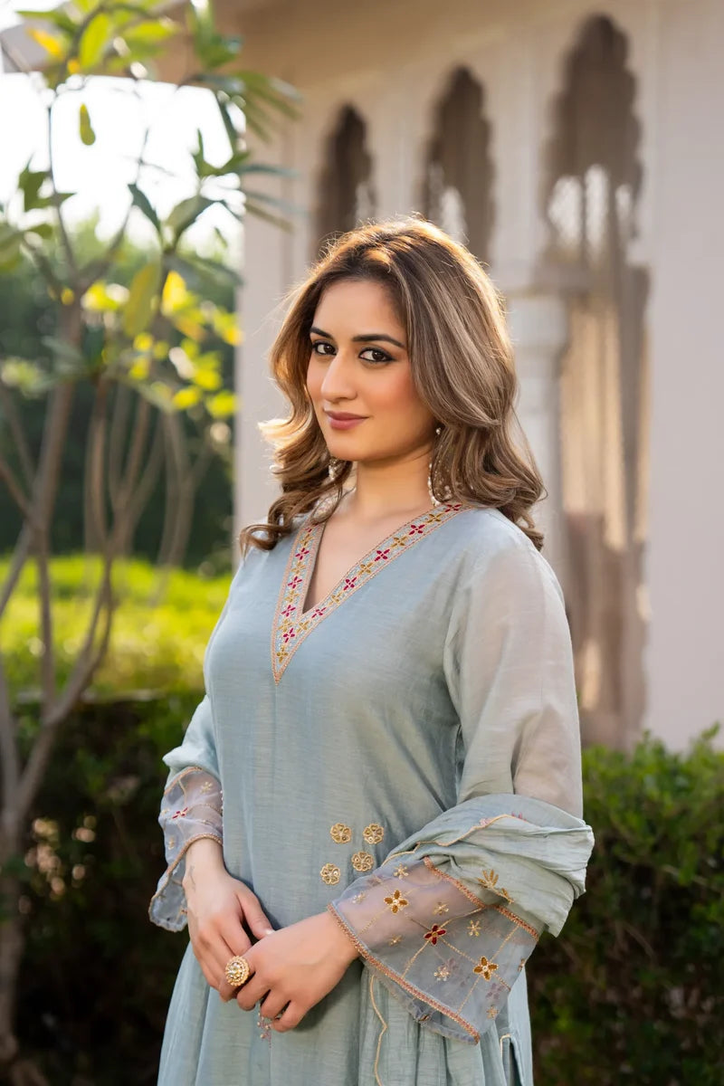 Sky Mist Chanderi Ensemble Suit Set