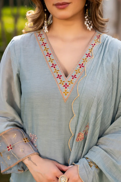 Sky Mist Chanderi Ensemble Suit Set