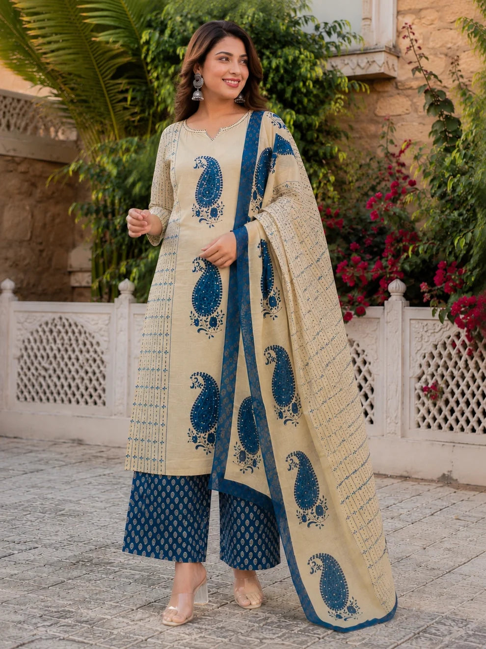 Beige Blue Paisley Printed Kurta Palazzo Set