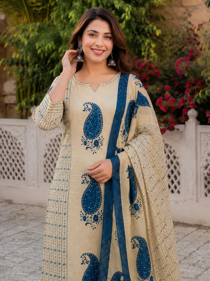Beige Blue Paisley Printed Kurta Palazzo Set