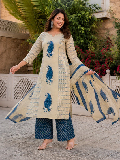 Beige Blue Paisley Printed Kurta Palazzo Set