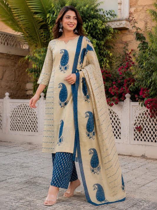 Beige Blue Paisley Printed Kurta Palazzo Set