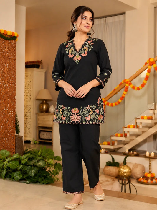 Black Floral Embroidered Cotton Co-Ord Set