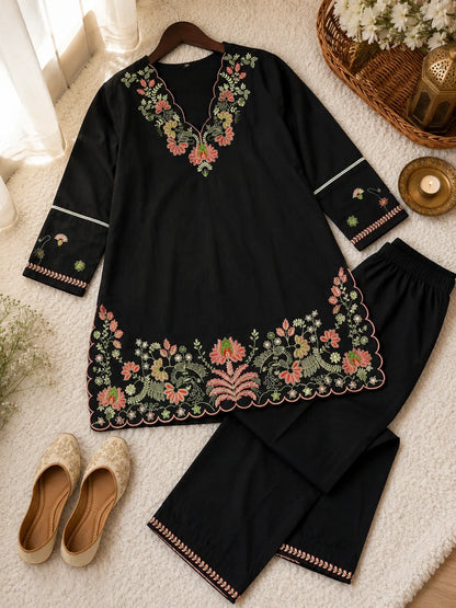 Black Floral Embroidered Cotton Co-Ord Set
