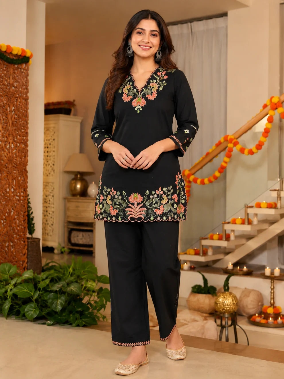 Black Floral Embroidered Cotton Co-Ord Set