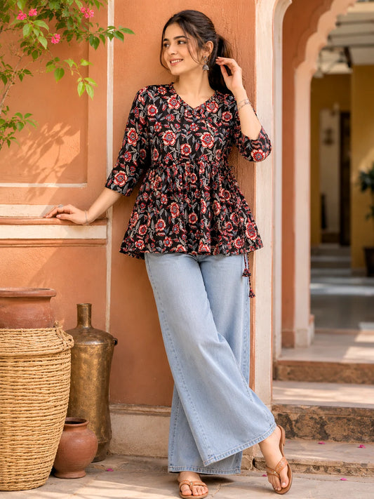 Black-Red Flared Short Kurti