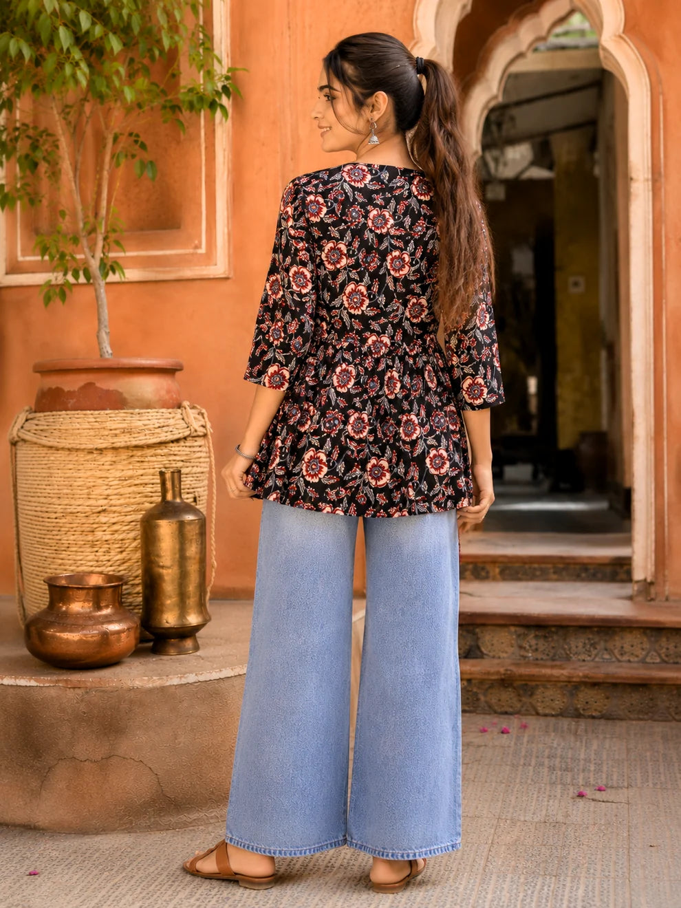 Black-Red Flared Short Kurti