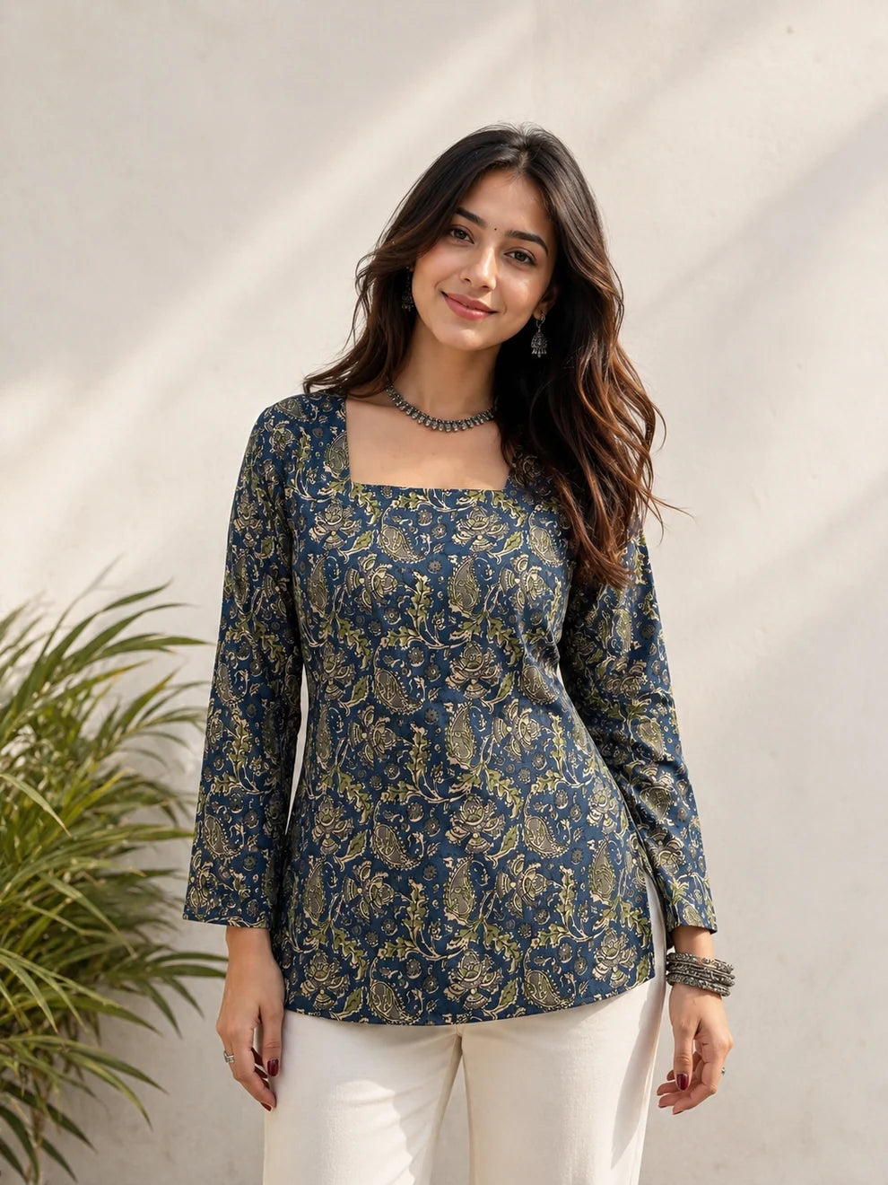 Teal Blue Green Paisley Print Short Kurti