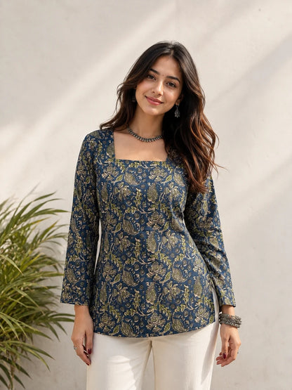Teal Blue Green Paisley Print Short Kurti