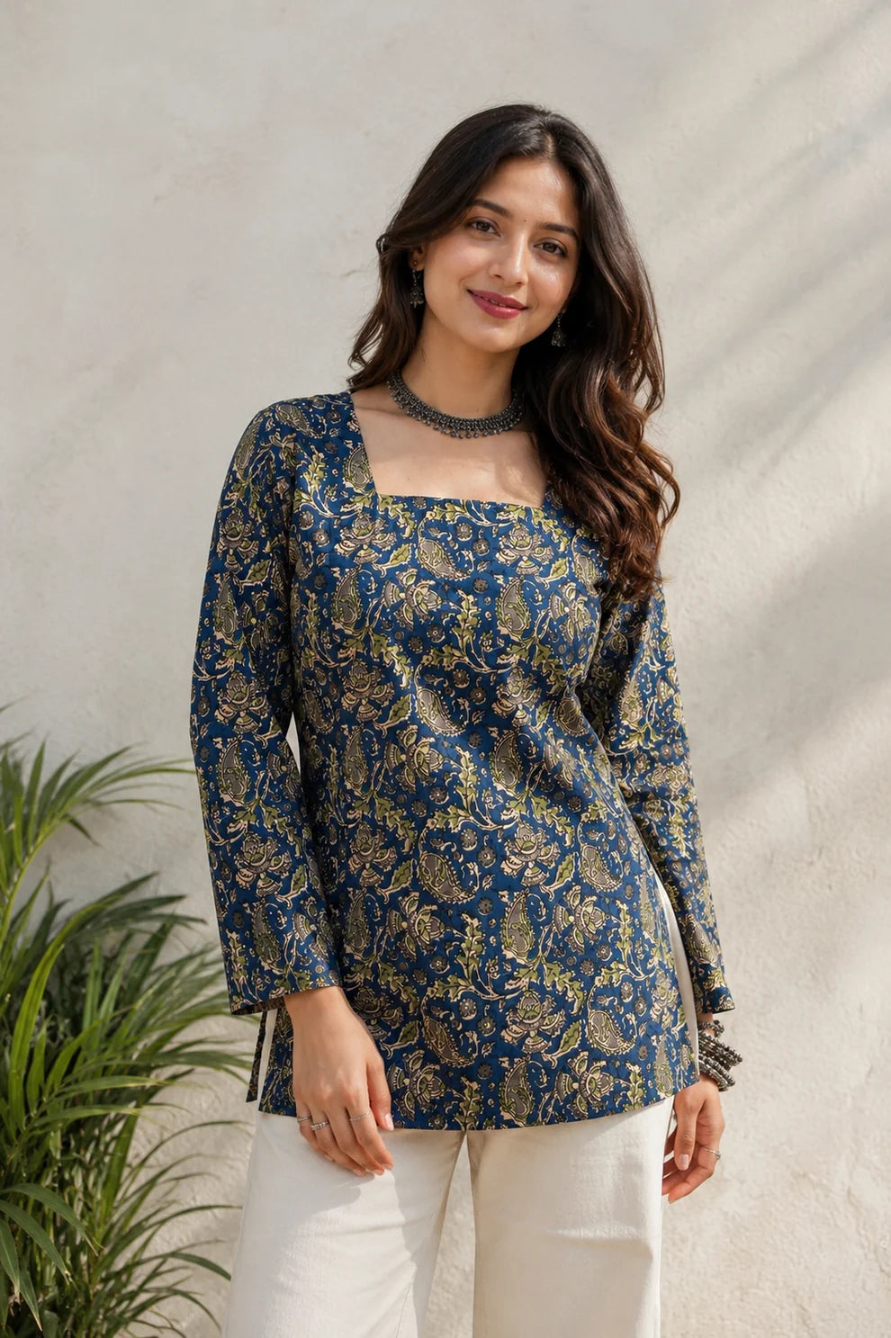 Teal Blue Green Paisley Print Short Kurti