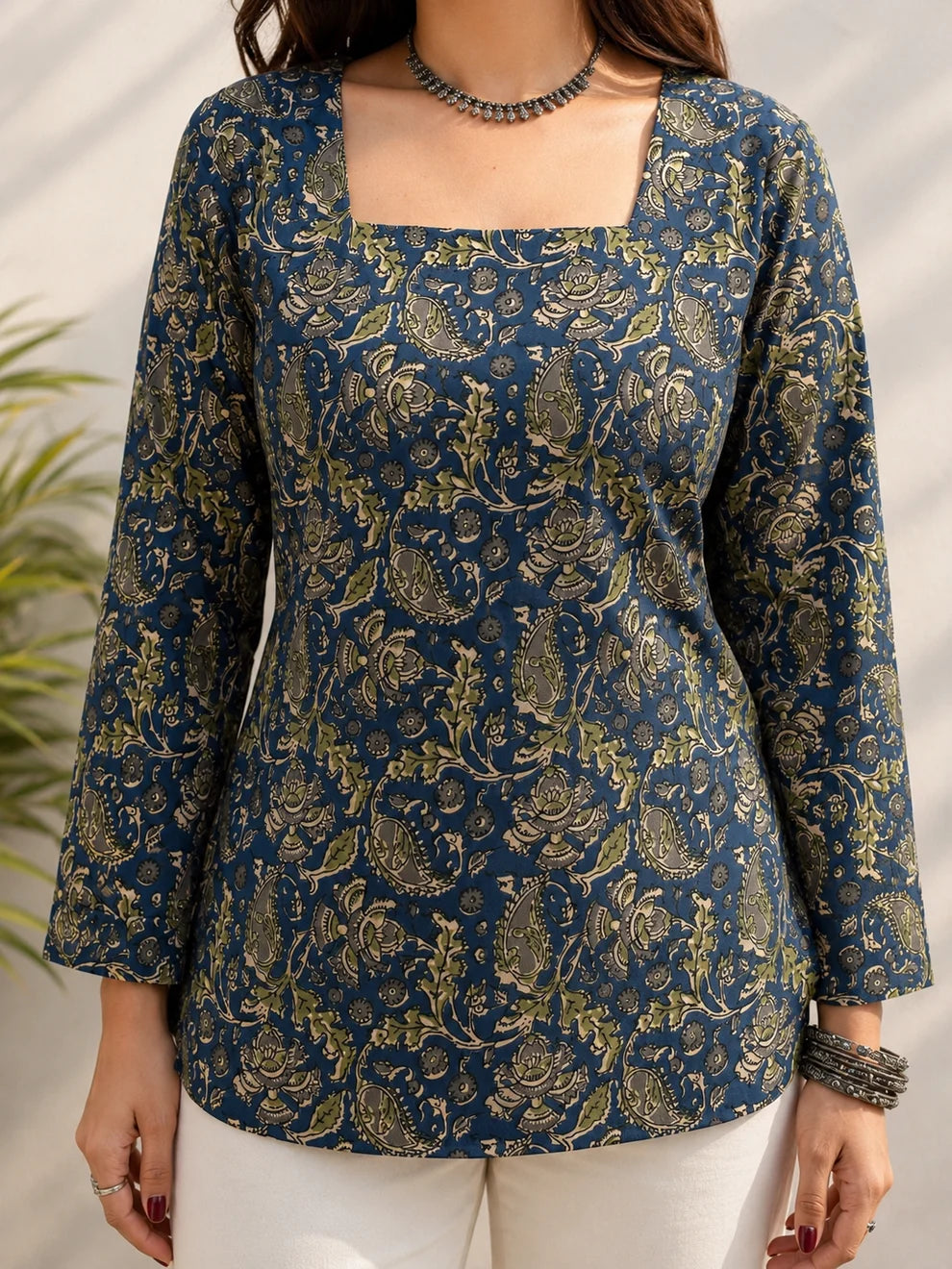 Teal Blue Green Paisley Print Short Kurti