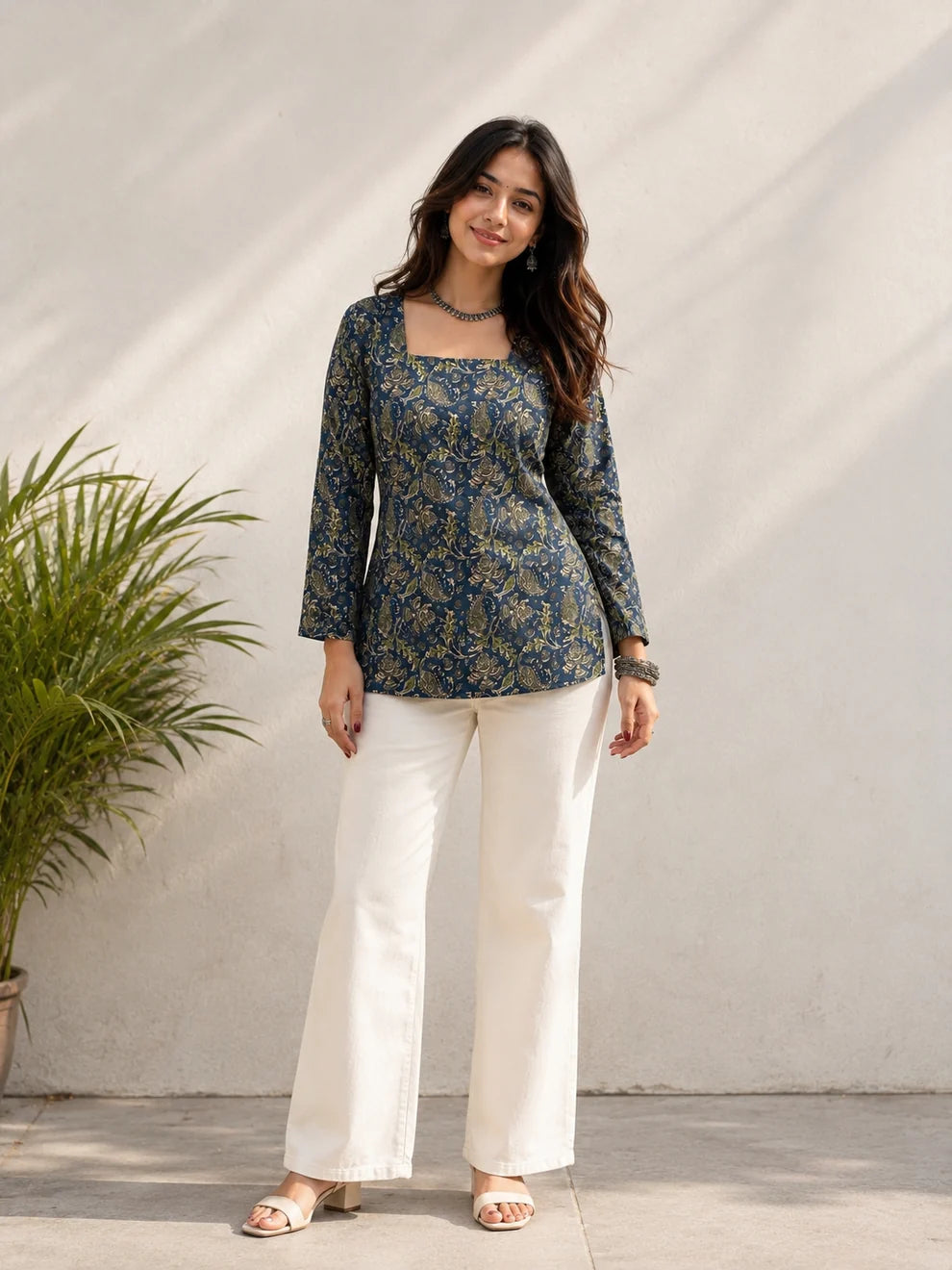 Teal Blue Green Paisley Print Short Kurti