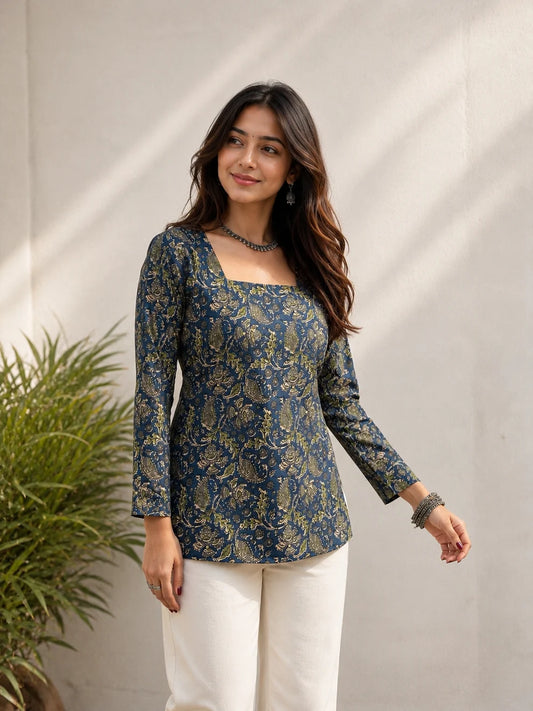 Teal Blue Green Paisley Print Short Kurti