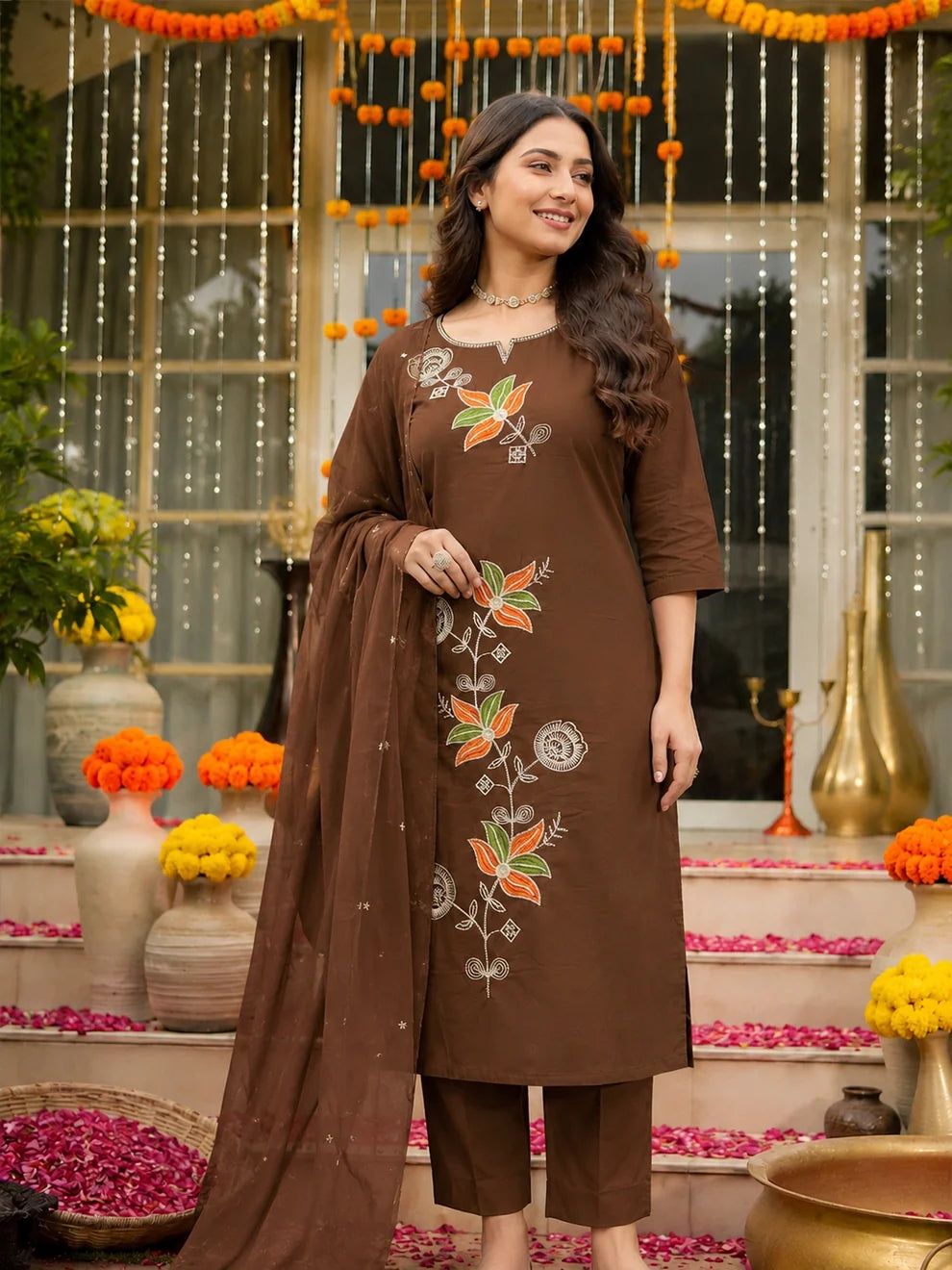 Brown Embroidered Cotton Suit Set
