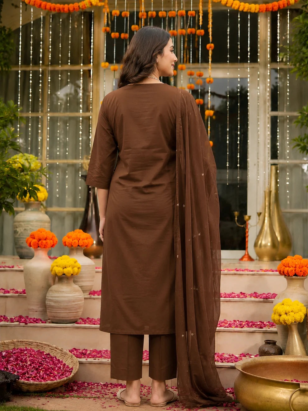 Brown Embroidered Cotton Suit Set