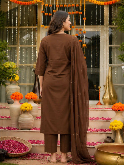 Brown Embroidered Cotton Suit Set