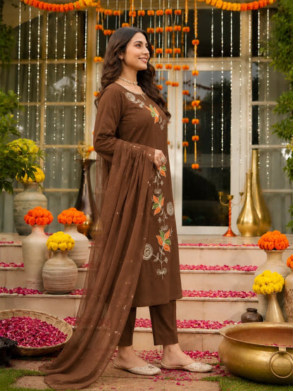 Brown Embroidered Cotton Suit Set
