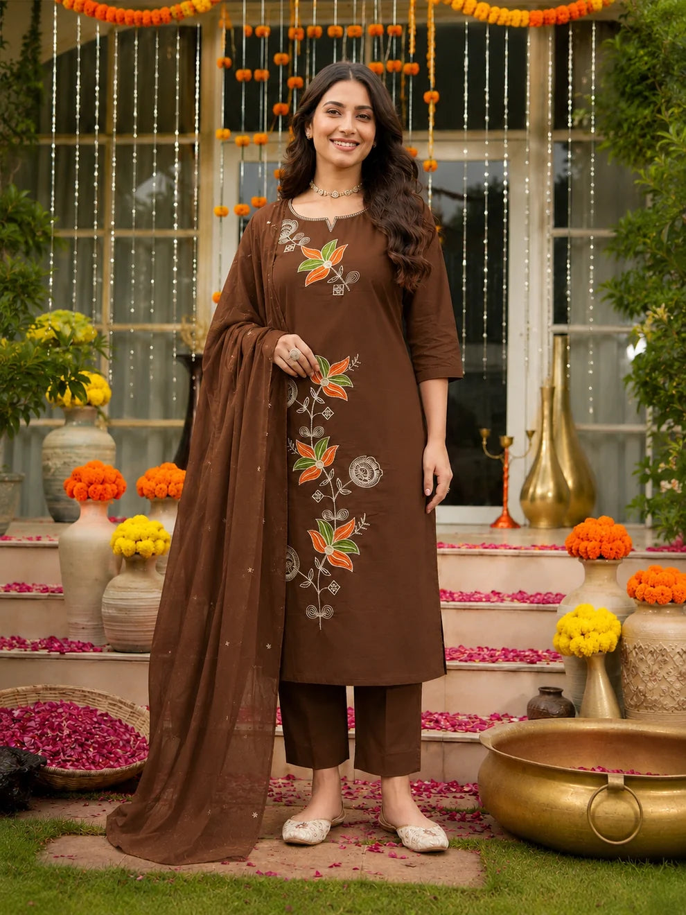 Brown Embroidered Cotton Suit Set